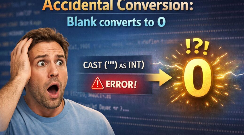 A surprised man in a light blue shirt holds his head in shock while looking at a glowing number zero. Next to him, a SQL expression “CAST('' AS INT)” and a red error sign transform into the number 0 through a lightning‑like arrow, illustrating the unexpected conversion of a blank string to zero.