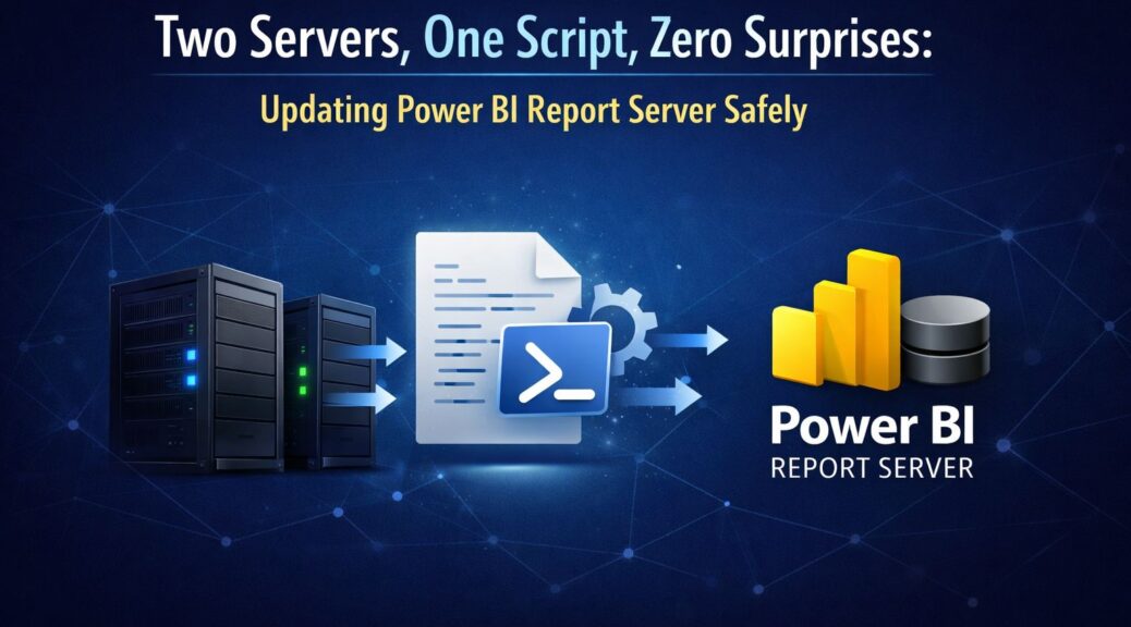Title graphic for the article Two Servers, One Script, Zero Surprises: Updating Power BI Report Server Safely. The image shows two server racks connected by arrows to a PowerShell script icon and the Power BI Report Server logo on a dark blue background with subtle network lines.